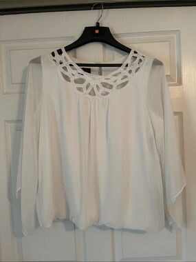 AB Studio White Crochet-Detail Chiffon Blouse